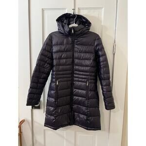 Andrew Marc Ladies Lightweight Long Packable Down Jacket purple medium puffy